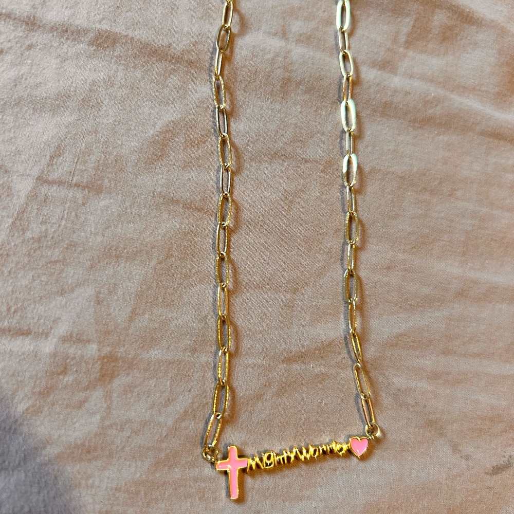 “Mighty Warrior” Gold and Pink Necklace with Cross and Heart